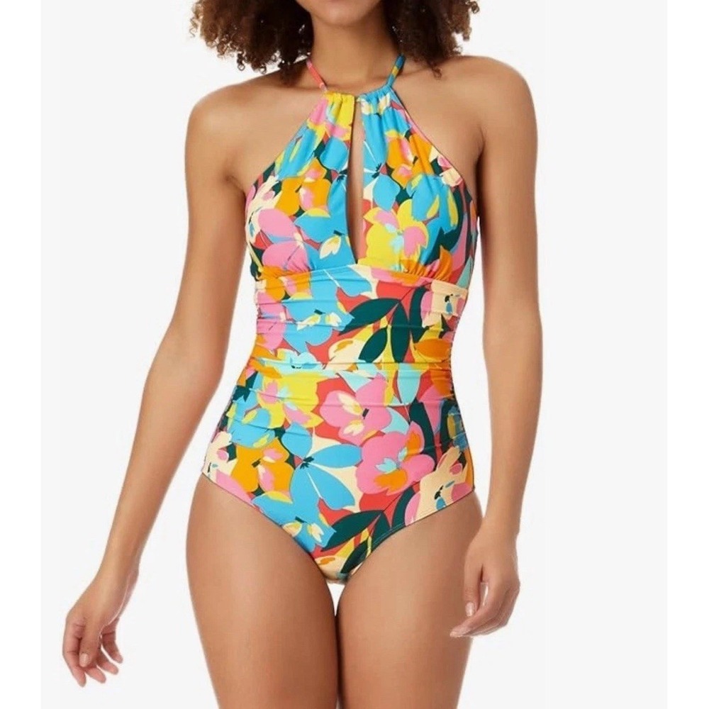 Anne Cole Plumeria Floral High Neck Plunge One Piece Swimsuit Women's 16 $108